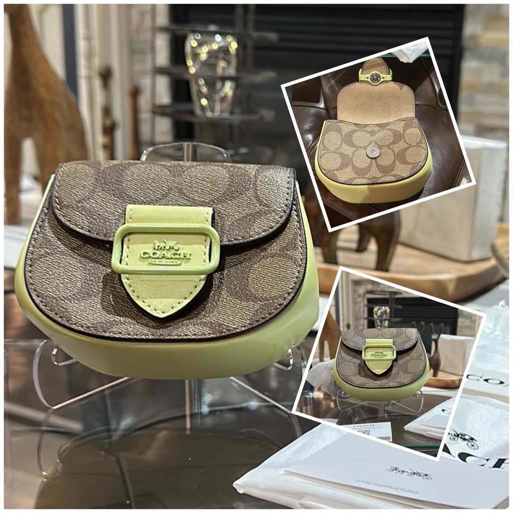 Coach Morgan Card Case On A Chain Strap In Signature Khaki & Pale Lime Nwt